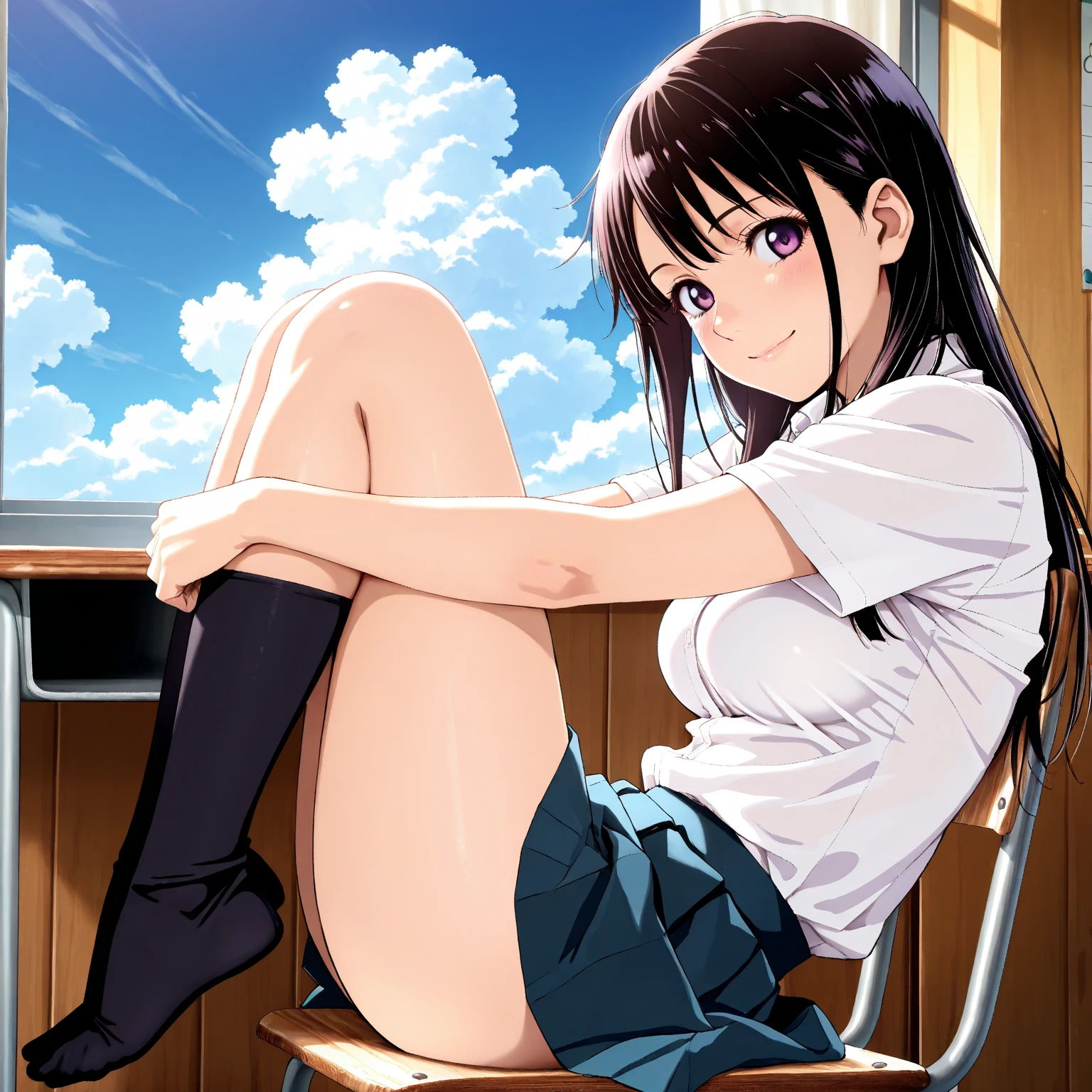 <lora:HH02EP20:1>,((masterpiece,best quality)), dynamic angle, (beautiful delicate face:1.1), 1girl,solo,black_hair,((school uniform)), (white kneehighs), (show foot), bed classroom, finely detailed_fingers, ((masterpiece,best quality)), dynamic angle, (beautiful delicate face:1.1), solo,(1boy:1.3), masterpiece, best quality,