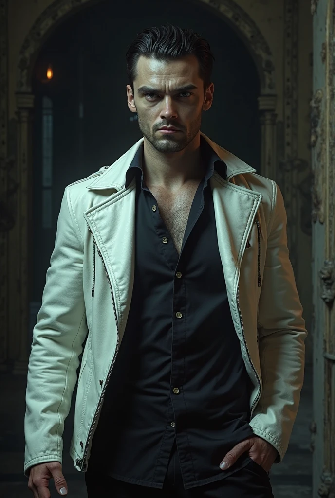 vampire, tall, imponent, dominant, short hair, thick but not too much, with abs, using normal clothes, black hair, sexy nose, like Robert Pattinson