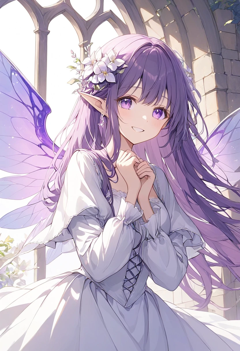 (masterpiece, ultradetailed, photorealist) a girl, fairy, sparkling fairy wings, elf ears, purple hair, a little purple lace dress, neckline, a black choker with an emerald in the center, leaning forward, hands behind her back, a slight smile