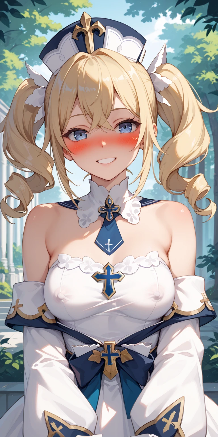 best quality, masterpiece, highres, solo, {z23_azurlane:1.15}, short_hair, blush, bangs, breasts, bow, blue_eyes, blonde_hair, hair_bow, cross, purple_eyes, iron_cross, open_mouth, medium_breasts, hair_between_eyes, 1girl, bare_shoulders, beret, hat, looking_at_viewer, covered_collarbone, gloves, sidelocks, striped_bow, collarbone, simple_background, sleeveless, white_background, white_gloves, detached_sleeves, light_brown_hair, striped, upper_body, ribbon