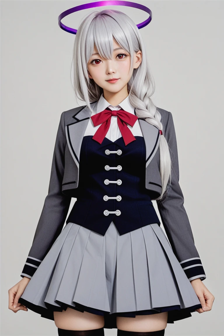 realistic,   <lyco:cosgine-xl-lokr-000016:1> cinematic lighting,
hair ornament, shirt, red bow, :d, pantyhose, bow, bangs, jacket, breasts, open clothes, hand up, red bowtie, blue eyes, medium breasts, hairclip, grey hair, bowtie, frilled skirt, grey jacket, short hair, smile, skirt, black pantyhose, blush, sitting, x hair ornament, open mouth, long sleeves, 1girl, blurry background