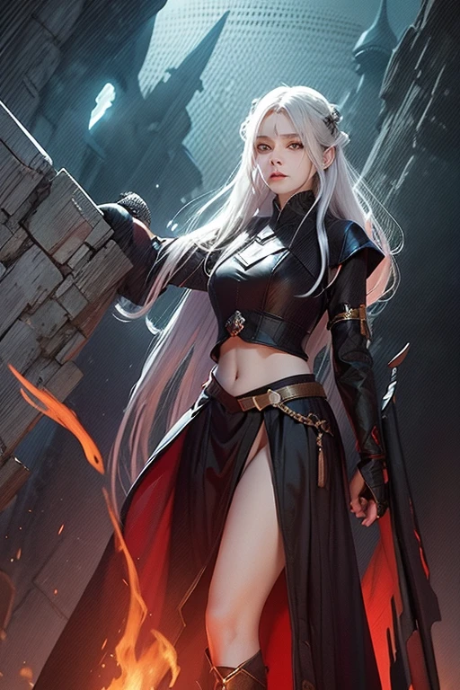 Woman, Silver Hair, Long Hair, Sorceress Outfit, Black Robes, Mini Skirt, Magic Wand, Shooting Fireballs, Fighting Demons, In Hell, Fire And FLames