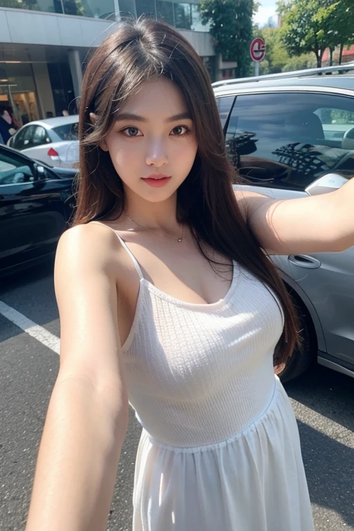 ((top-quality、8k、masterpiece:1.3))、Beautiful woman with perfect body:1.4、slim abdomen:1.2、Longhair, normal breast, Highly detailed facial and skin texture, A detailed eye, delicate eyes, double eyelid, (smile), (full body shot), ((in the car 1.1)), (sitting in the car), ((wearing red tank top)), looking in front