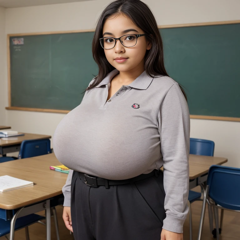 Pregnant woman with large breast, thicc,  ultra realistic picture, soft curvy shape,  sfw huge breasts, hyperrealistic , , oppai proportions, naked, in classroom 