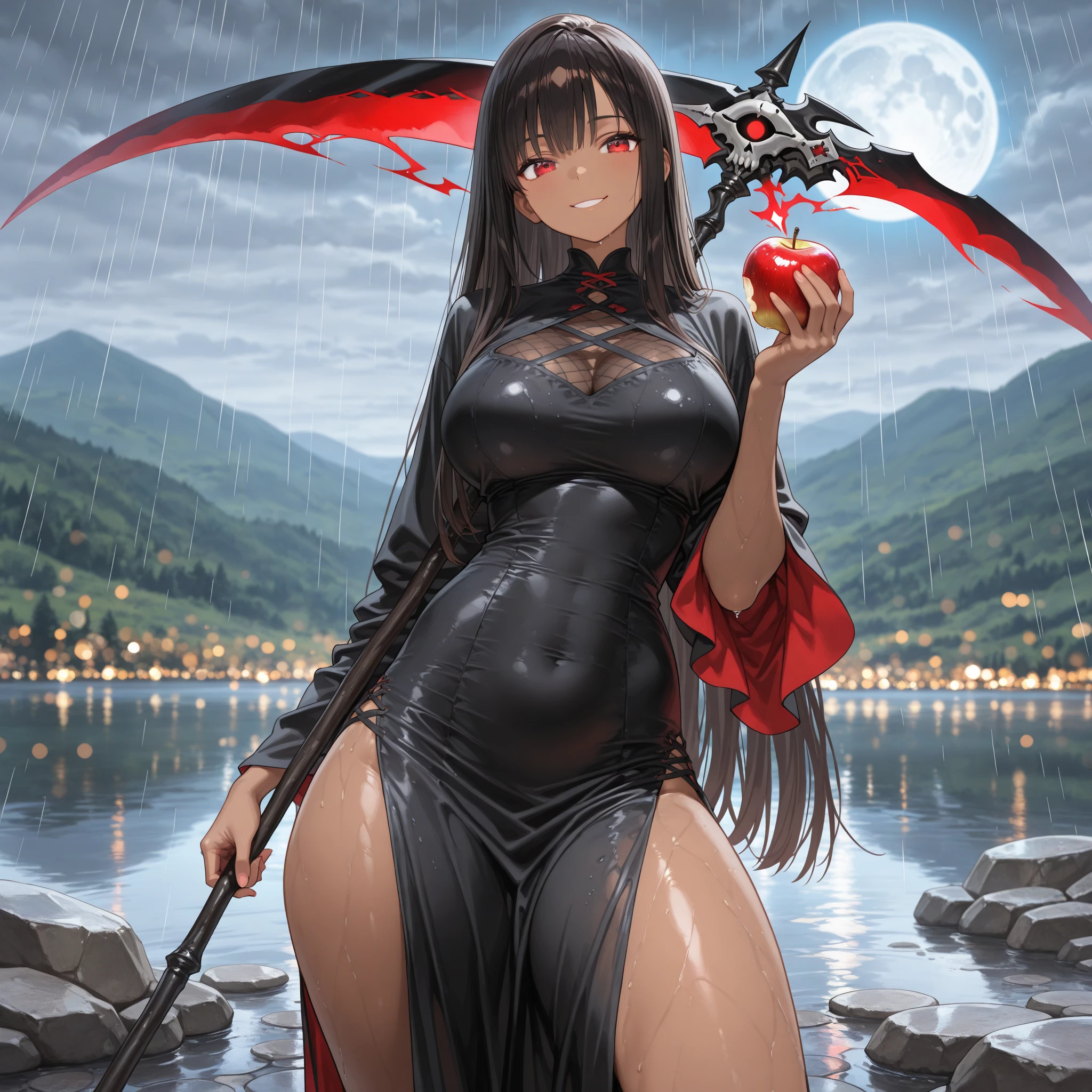 NSFW, hyper photorealistic, full-body view, Dark cuteness pop horror style, Hot water bottle girl in black evil costume, micromini bikini, tattoos all over body, Drill holes everywhere, tusk, Heavenly Nightmare Asany Beach, Super detailed drawing