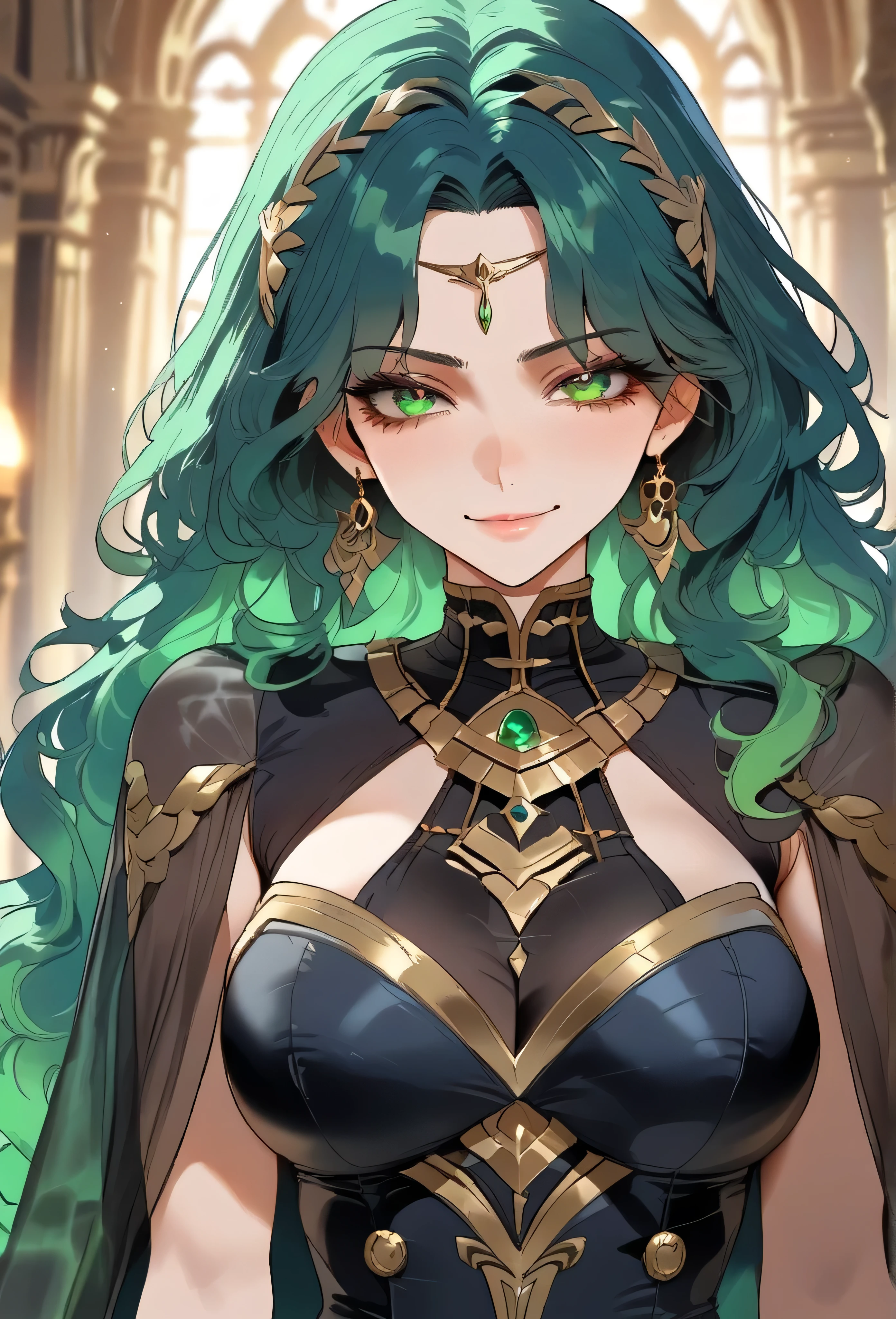 score_9, score_8_up, (masterpiece, top quality, best quality, official art, beautiful and aesthetic:1.2), (8k, best quality, masterpiece:1.2), (((masterpiece))), (((best quality))), (((extremely detailed))), illustration, (masterpiece, top quality, best quality, official art, beautiful and aesthetic:1.2), (8k, best quality, masterpiece:1.2), see-through, source_anime, 1girl, adult, ((green hair)), green hair, ((intimidant look)), ((close-up)), green eyes, black clothes, sexy, dark colors, brillant eyes, ((wavy hair)), perfect hands, ((intimidant look)), good anatomy, ((dark babylon clothes)), emotionless, intimidant, ((beautiful eyes)), close up, ((detailed eyes)), beautiful eyes, ((detailed face)), frontal look, arrogant, detailed face, diadema, full body, evil smile