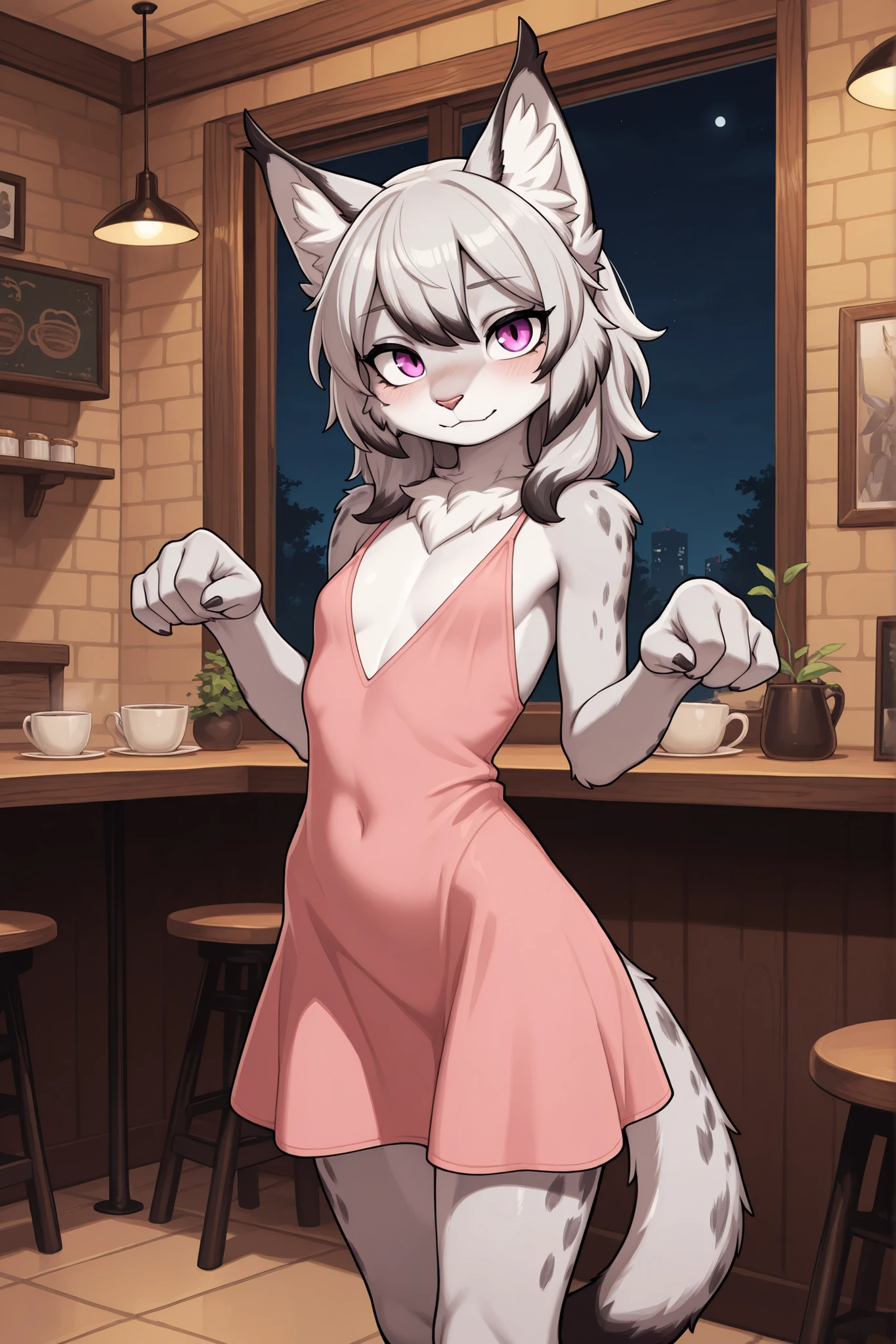 masterpiece, best quality, newest, absurdres, highres, 2024, 2023, perfect eyes, amazing quality, (female, anthro, female focus : 1.4), ( ) BREAK ( Slimmest, ( cute pose ) :1.1)), (1girl, solo , (female only) anthro, ) slim waist, slim hips, tiny body, tiny stature, no breasts, neck fluff BREAK (female: white lynx, ), cute dress, medium hair, BREAK Indoors , detailed background, cafe, night, slim, tiny thighs, feminine, very short, not old, looking at viewer,