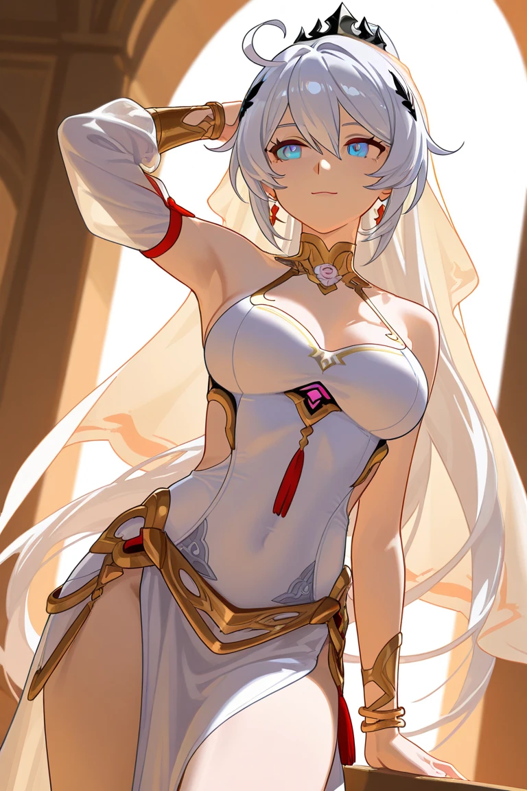 ((short hair)), ((gray hair)), ((light blue eyes)), ((seductive expression)), ((seductive smile)), ((pale skin)), ((ancient greek clothing)), ((mature female)), 1girl, beautifully drawn, high resolution illustration, best quality, High definition, ((detailed anime sketch)), Masterpiece, (solo), absurdres, portrait, ((upper body)), ((close-up)), detailed background, fine detail, female focus, HDR,