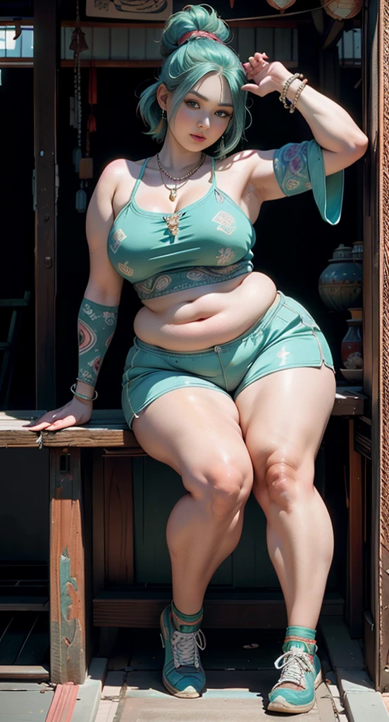 photorealistic, high resolution, soft light,1women, solo, wide hips, (detailed face),tattoo, jewelry, , , blue and green hair Color , (closeup), wide angle,, (busty), armpit , Slightly fat belly, large breasts, full body angle, 40 years old woman , thick thighs , thick arms , standing in dark rooms, short pants, wearing a three bracelet, wearing two diamond necklace , wearing a watch, wearing airmax shoes , japanese goddess, wavyshort hairstyle, fat belly, thick fat belly, thick wide hips, thick arm, bbwchan, massive arm, full body,