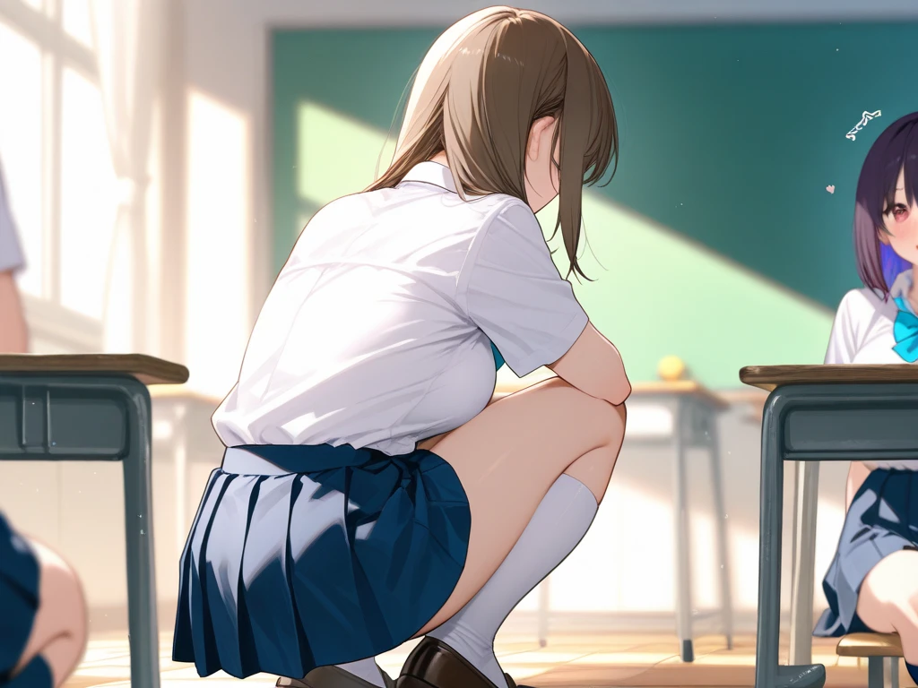(((masterpiece, Highest quality, High resolution, 超High resolution, Perfect Pixel, Depth of written boundary, 4K, RTTX 10.0))), Beautiful Anime Women, Beautiful art style, Anime characters, ((Smooth texture, Realistic texture, Anime CG Style)), Exact finger count、Exact number of legs、(Exact number of arms:1.0, Exact number of hands:1.0), (Perfect hands, Perfect ???????.1.5), Cinematic, Realistic, Extremely detailed CG, Daytime lighting, Perfect lighting, Best Shadow, The best natural light, Perfectly balanced style, Perfect body, (Slender body:1), whole body, ((bangs, Dark brown hair, Bobcut)), ((A woman sitting on a chair with her panties fully visible from behind:1.4)), ((Beautiful eyelashes)), ((Detailed face:1.2)), (Fashionable white shirt, Navy blue sailor color, Sailor suit, Navy pleated mini skirt:1.3), (セクシーでかわいいWhite panties, 光沢のあるサテンside-tieWhite panties, 縁にレーストリムのあるWhite panties, Ultra-detailed panty folds:1.3), (White panties:1.5), (Embarrassed expression:1.3), (blush:1.1), (School classroom, During class:1.3), From directly behind, (Skirt caught on the back of a chair:1.2)