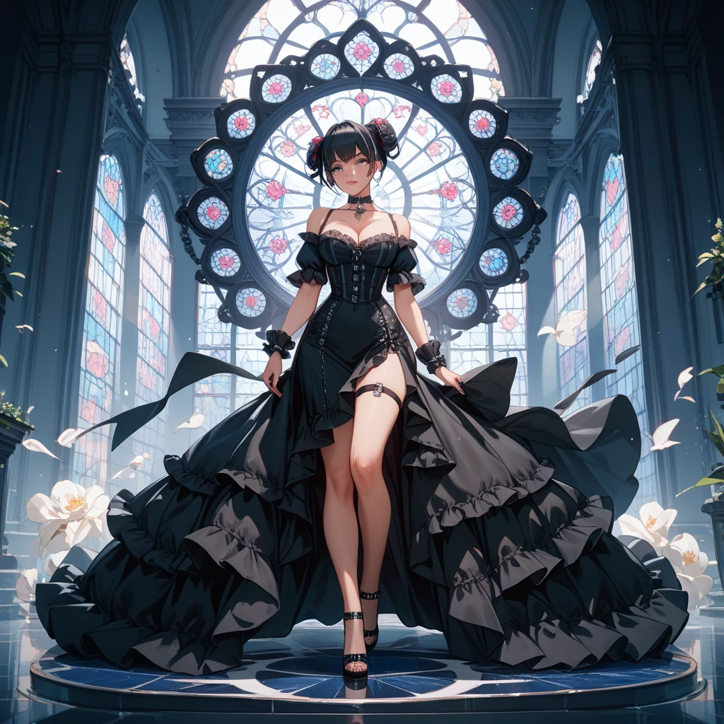 A woman wearing a sophisticated black dress, exposed shoulders, large breasts, black hair, hair buns, yellow eyes, standing outside a sophisticated mansion, concrete floor, marble wall, daytime, smiling, black gloves . black heels,UHD , prime work , accurate , anatomically correct , textured skin , super details , high quality , best quality, 8k, high resolution, bokeh effect. (woman alone)
