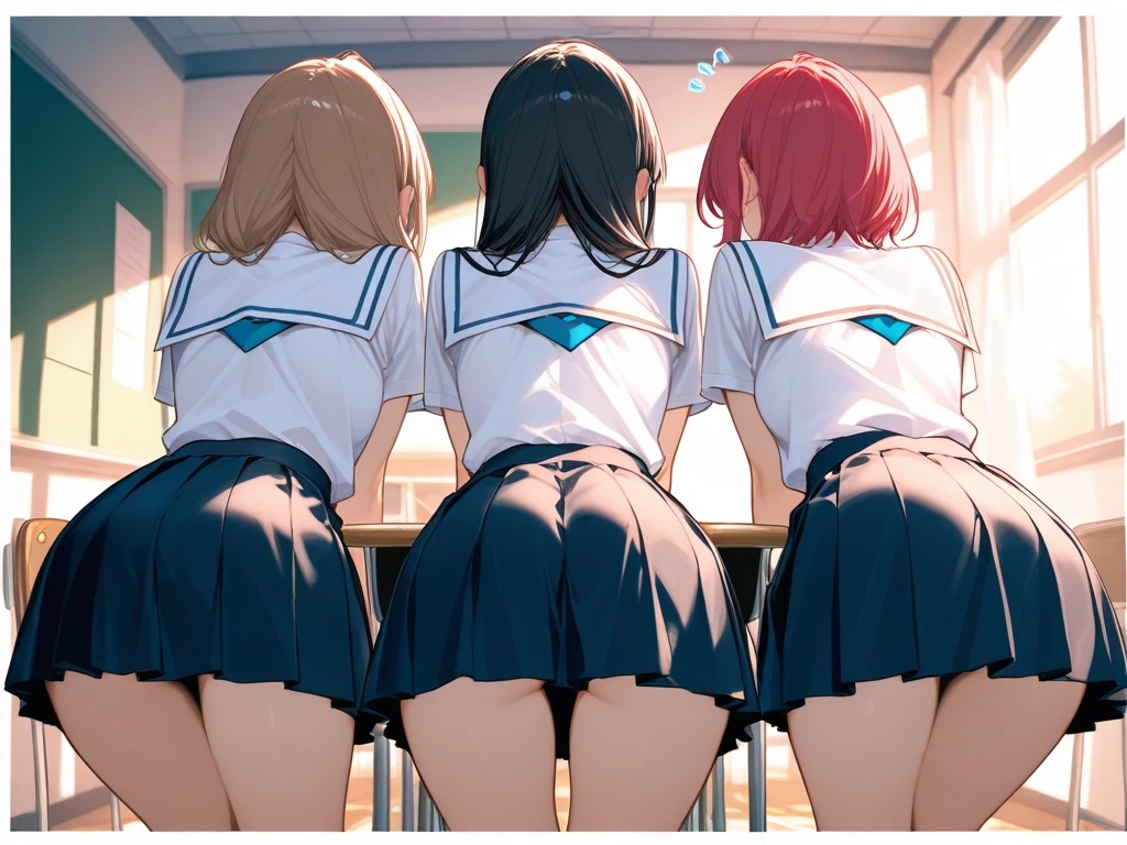 Very detailed,A woman with good looks,Asian Woman,three woman, stylish female body,baby face, large white colored shirt:1.3, light orange colored small panties:1.5, lace,short hair,various colored hair, back view, Focus on the buttocks, classroom
