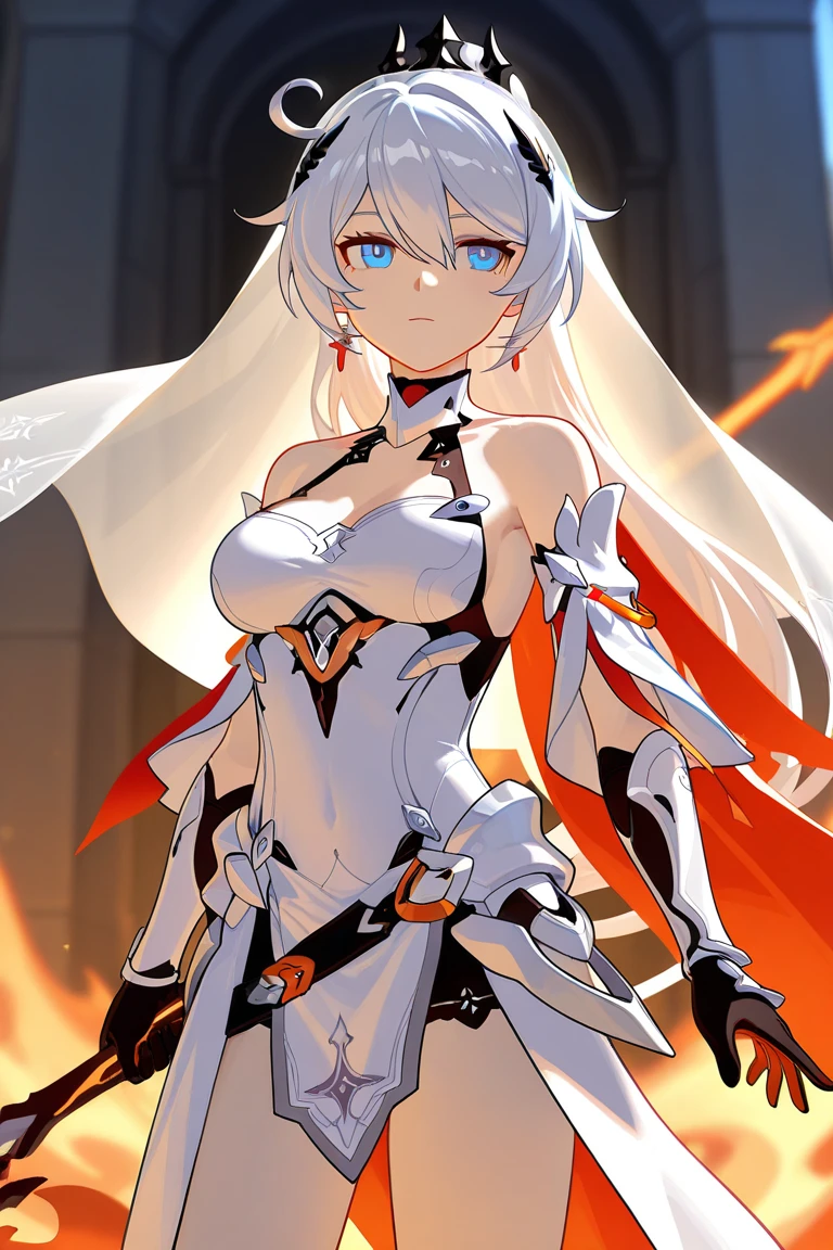 hof, 1girl, kiana kaslana, solo, small breasts, medium breasts, blue eyes, gauntlets, white hair, cleavage, jewelry, ponytail, earrings, bare shoulders, closed mouth, bangs, simple background, hair ornament, looking at viewer, hair between eyes, torn cape, armor, antenna hair, thigh boots, white thighhighs, black gloves, boots, white footwear, ass,ass focus, looking back, big ass, large ass, good ass, huge ass, (big ass:1.2), (large ass:1.2)
