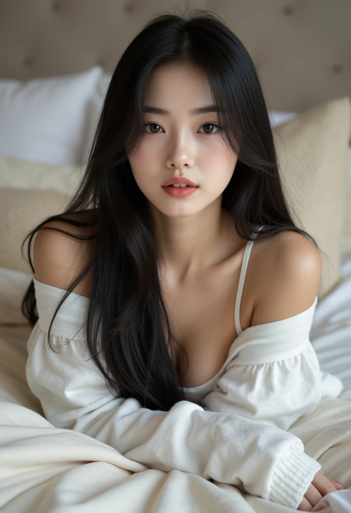 "A Chinese girl with long, straight black hair, 170 cm tall, 45 kg, medium-sized breasts. (masterpiece:1.3), (realistic, photo-realistic:1.3), (Best quality), Ultra detailed, very detailed, 8k contrast, SLR camera, complex parts, amazing, high resolution, realistic texture, (Glossy leather), best shadow, realistic representation of the face, detailed fingers, detailed beautiful gentle eyes, glossy lips, perfect body, Body proportions, sexy body, dynamic lighting, cinematic light, detailed background. (1 girl), One, Cute, (medium breast), long hair, shy, draw up, black eyeliner, (inexpressive), I look at the viewer, ((White T-shirt, Crop top, open belly, from the shoulder, bare shoulders, athletic shorts, sitting))\