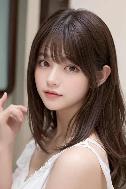 highest quality, Realistic, 8K, High resolution, 1 Girl, woman, (Skin dents), (Portraiture:0.6), nice, ((White Background, Completely naked, Small breasts:1.65)), (Long brown hair, Parted bangs:1.4), Watching the audience, (1 Girl eyes Watching the audience:1.6), Realistic, (Bokeh), (Closed Mouth, smile:1.3), nice, Purelos Face_V1:1,