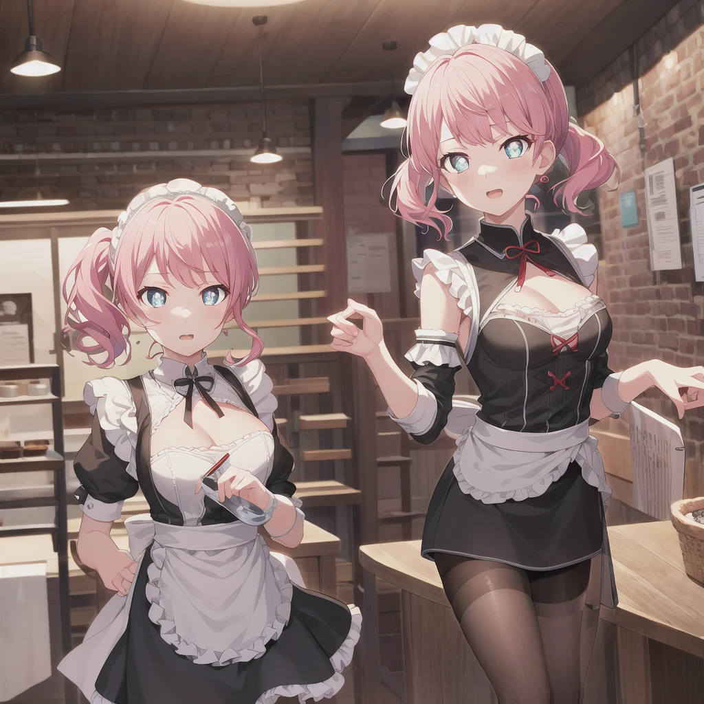 highest quality、masterpiece、((2 women))、((smile:1.3))、(blush:1.3)、Black Shirt、blouse、((fun!!))、(Small breasts)、()、Blonde、(Long sleeve)、((White apron:1.5))、((Maid))、((hair ornaments)),、Kamimei、look at me、 ((in house:1.5))、 Taking a break from watching the audience、Cowboy Shot、(Skirt lift:1.3),(Highly detailed pink striped panties:1.3)、(Highly detailed panties:1.3)、、(スカート that rolls up:1.3)、(Panties fully exposed:1.5)、Light blue eyes、long hair、Glowing Eyes