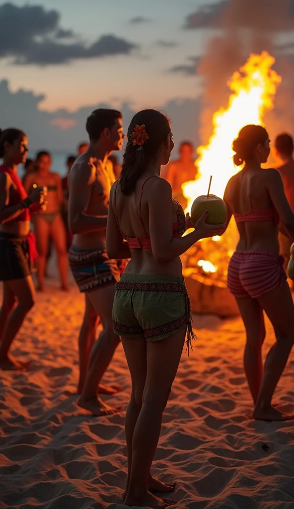 (best quality,4k,8k,highres,masterpiece:1.2),ultra-detailed,(realistic,photorealistic,photo-realistic:1.37),vibrant colors,summer vibes,sunny weather,sandy beach,ocean waves,sunset,beach party,energetic atmosphere,celebration,dancing people,happy faces,joyful moments,laughter,partygoers,enjoyment,refreshing drinks,beer bottles,coolers,casual beachwear,swimsuits,flip flops,dance floor,upbeat music,lively beats,moving bodies,festive decorations,beach bonfire,bonfire flames,sparkling lights,night sky,beach games,volleyball,cornhole,frisbee,water balloons,party tent,refreshing sea breeze