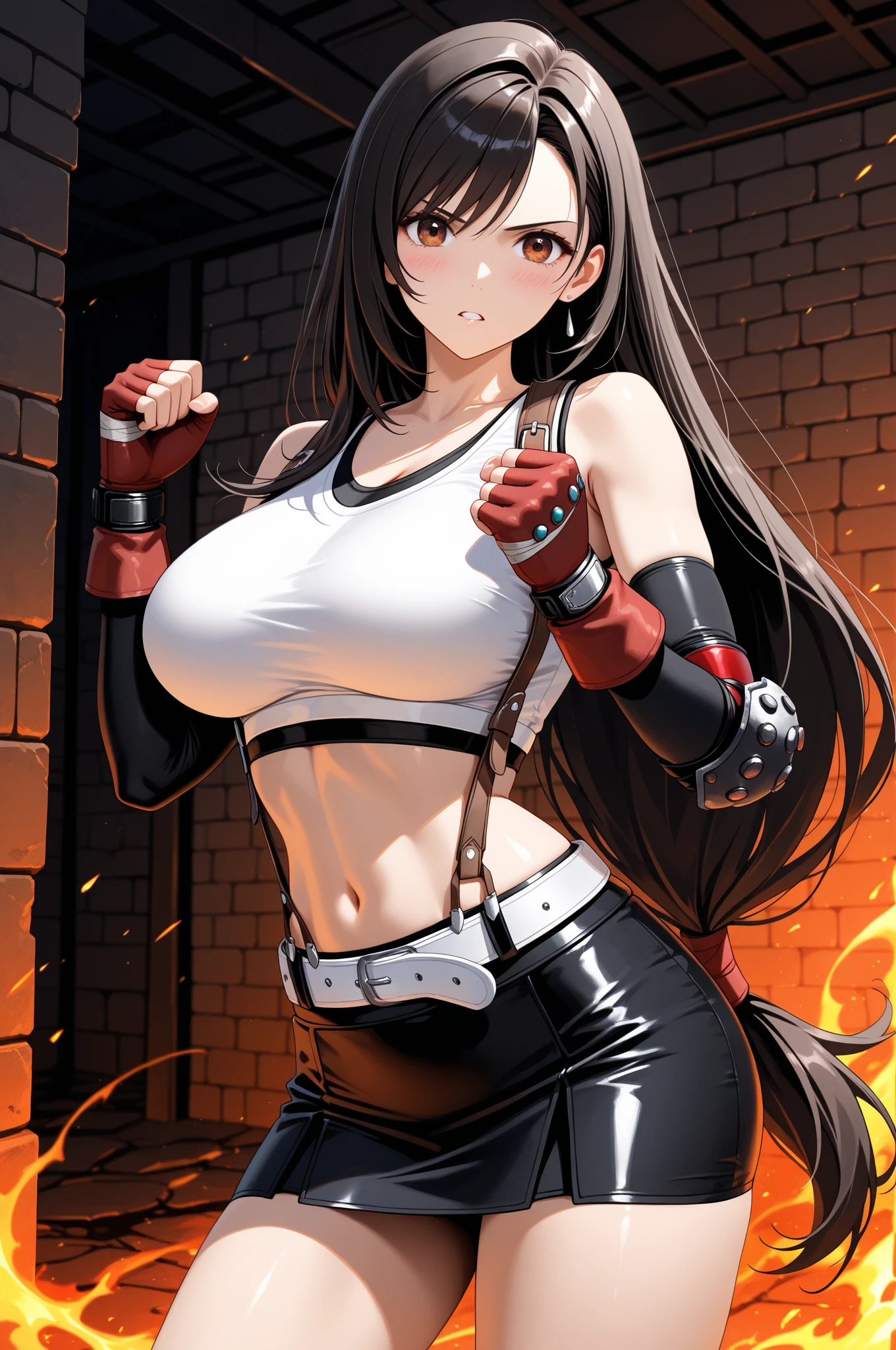 (((((tifa lockhart,Final Fantasy 7:1.5))))),((Highest quality、masterpiece、anime style、best quality、high resolution、8k、detailed、ultra-detailed:1.3))、Long legs:1.2, Beautiful woman with perfect figure:1.4、(Smiling:1.2), double eyelid、30-year-old female、((((One Woman,beautiful face,Beautiful face、Outdoor,upper body:1.5)))),Big Breasts、High resolution, accurate, Anatomically correct, High-resolution model, high quality, Very detailed, Ultra high definition、Black Hair、Straight Hair、Long Hair,Red open finger gloves,(Uplifting、action、contrapposto pose、dynamic、dynamicポーズ、dynamic motion:1.5)、(((speed lines、action lines:、movement,dynamism 1.5)))