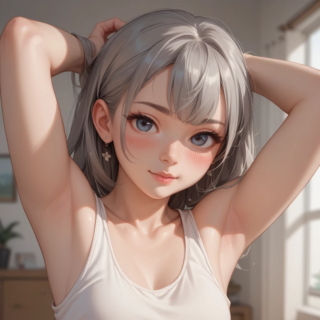 (Best Quality,High resolution,8K,finelity detailed background,Masterpiece:1.2),beautiful girl,Glossy romance gray hair,pony tail,Gray eyes,Gentle look,A refreshing look,Best quality,Best Quality,Aesthetic and aesthetic:1.2,Best details((Super detailed))(High-definition CG illustrations),Tank top,Training wear,Slender body,Training Gym,smile,blush,cute,Scrounge,Looking up,Being spoiled,super model,shoot from above