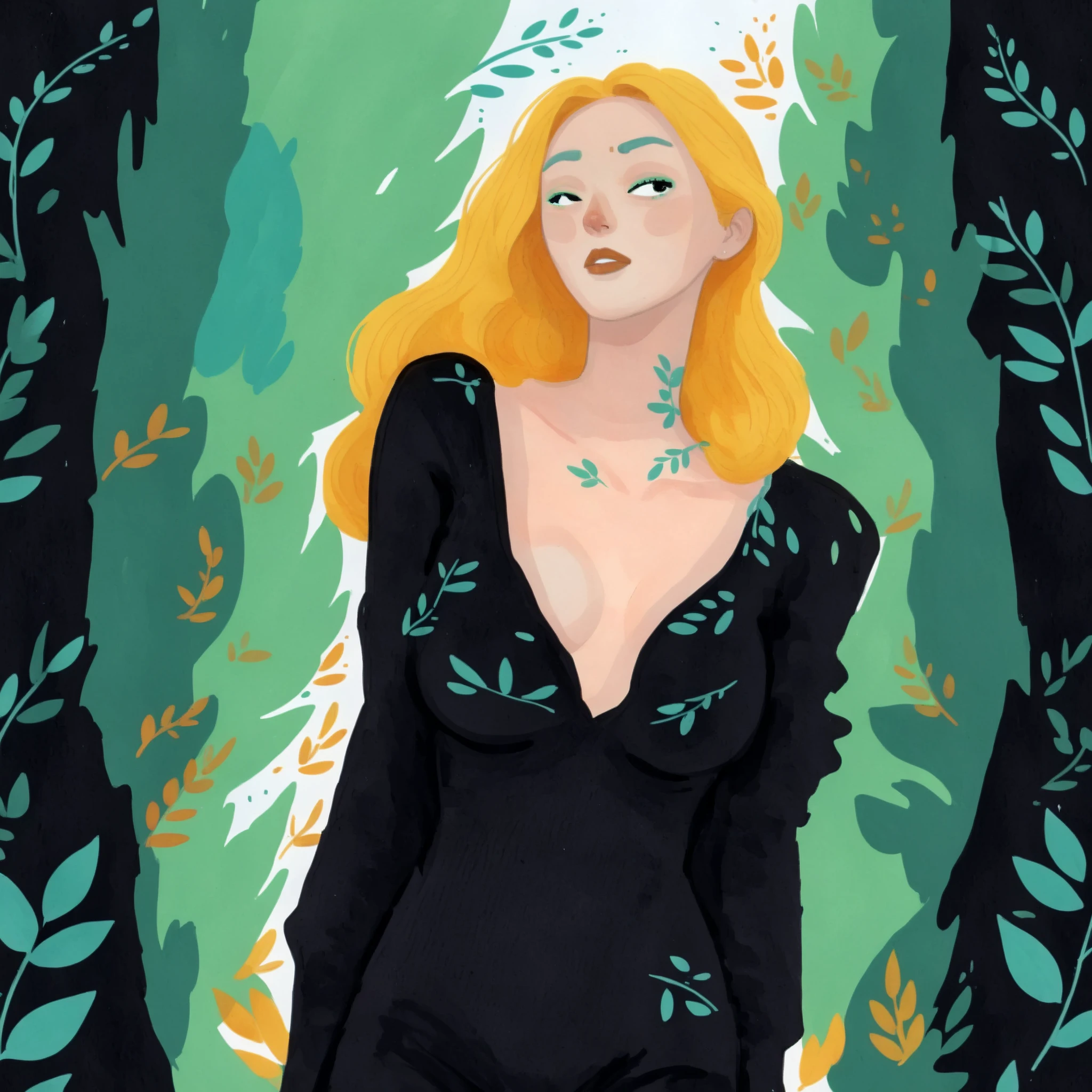 1girl, 2d art, flat colors, full body portrait, black clothes, dynamic poses, simple black eyes, gouache texture, full body portrait, gouache painting, vibrant colors, chiseled features, thick gouache render, novuschroma57 style cartoon, in gougoupaintleaves, FRESHIDEAS Illustration No. 12, Illustration No. 8