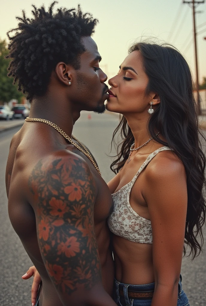 An African American with a masculine physique, cabelo dreads lock na cor branca, white undershirt, blue jeans, Qix sneakers, dancing with an african american woman, tattooed, muscular fitness, naked , de boxbraids, um Rolls Royce
