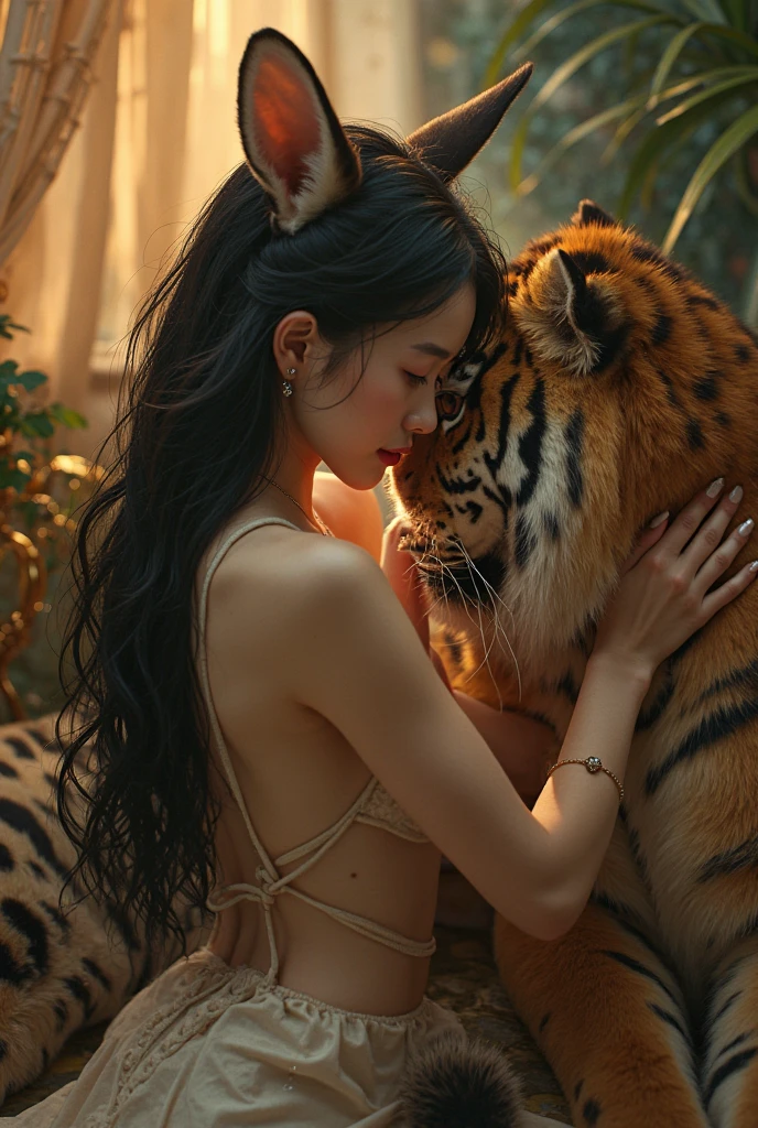 AN ANINE TIGER HUGGING A PROSTITUTE