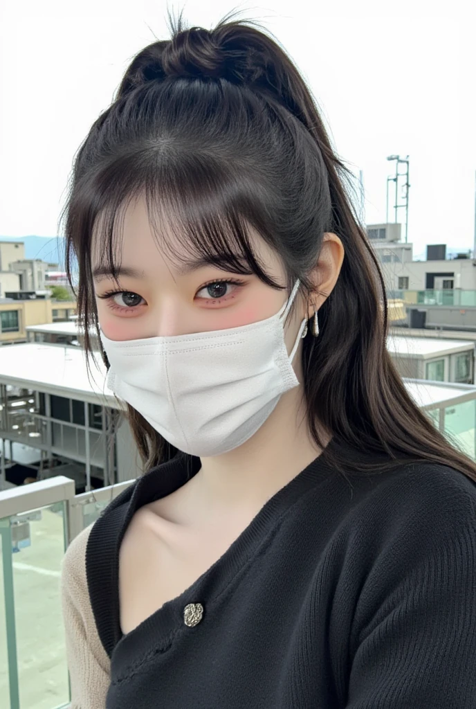 long and beautiful hair、White mask、Arafe woman wearing a face mask、(highest quality、High resolution、masterpiece:1.3)、tall and cute woman、thin abs、Loose wavy dark brown hair、Long sleeve dresses、(With the city of Fukuoka Tenjin in the background)、Accurately express details such as faces and skin textures、Big eyes、double eyelid、K-pop