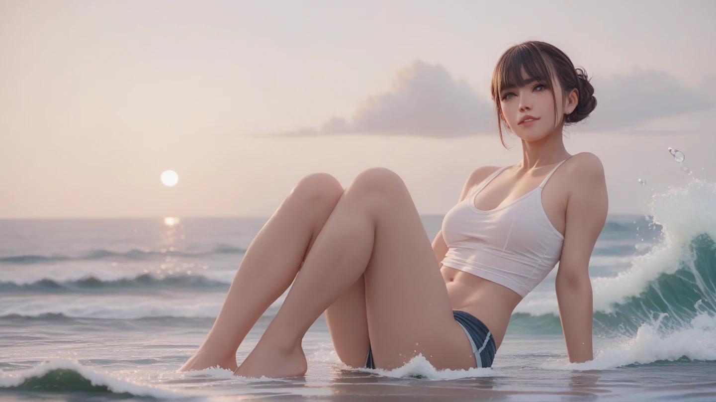 top-quality, masterpiece, 16k picture quality, 16 year old slender and beautiful woman , Medium bob hair, Plump breasts, Constricted waist, White Open Color Blouse, Pleated mini-skirt, Lace panties, Photographed from below, Squatting on the Gulf in the evening, Open legs, Looking at the camera, Red sky and beautiful clouds, Sundown,