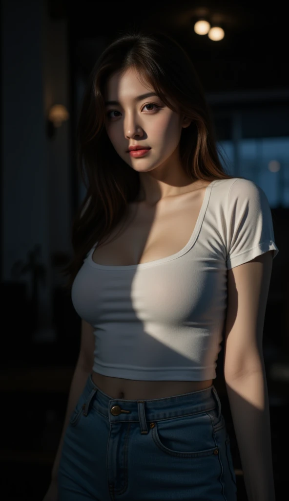 ((masterpiece)) realistic, 1girl, glowing eyes, tank top Transparent, skirt,high detail, 8k