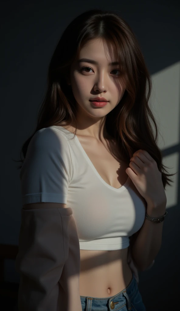 a close up of a woman with a white shirt on posing for a picture, Korean girl, Japanese model, Gorgeous young Korean woman, beautiful Korean women, Beautiful young Korean woman, Choi Hyun-hwa, Korean woman, Asian girl, 2 4 year old female model, wet tshirt, Tight shirt, Yoshitomo Nara