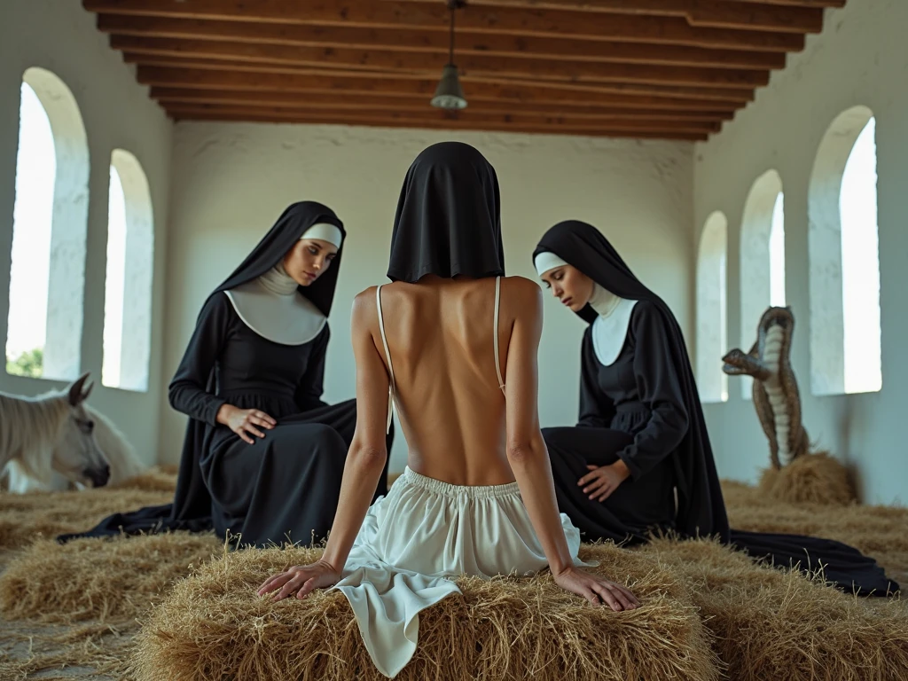 young blonde nun tied to a post with her flat chest and thick legs wound suffering the night, young body, nsfw, renaissance art, european girl, half naked, distressed face, white stockings, barefoot, short blonde hair, small breasts, thick legs , full body, small body, short stature, tear, outdoors, inquisition, suggest, injured body, flat chest, torn clothes, white panties, naive look, pain, suffering, bdsm, standing, arms tied up, tied on the stake, a lot of dirt on the body, young sister, tied body, looking at the sky, public torture, blurred background, middle ages, tied arms, nun's horns, crying, pretty face, teenager, night, bonfire, sawn teeth, full lips, small girl, 12 years old, realism