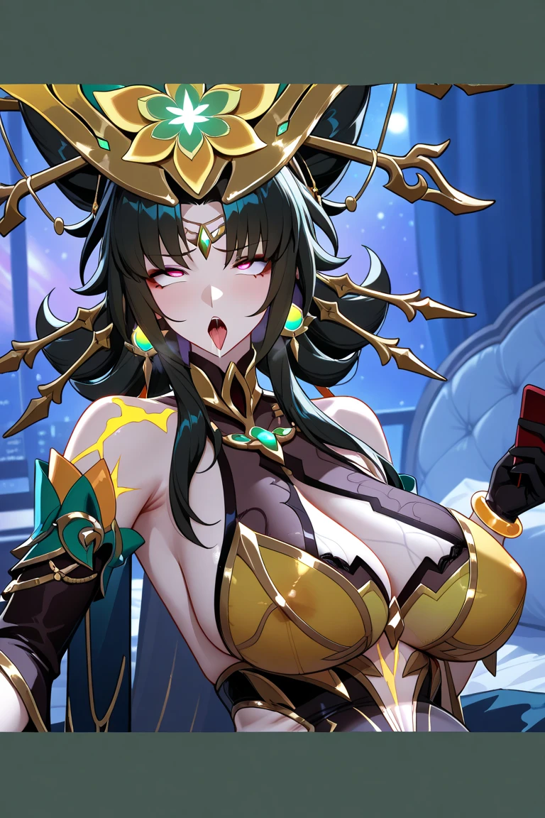 tiara, red eyes, long hair, hair between eyes, large breasts, cleavage, dress, cleavage cutout, bare thighs, high-leg, fingerless gloves, bare fingers gloves, perfect hands, perfect fingers, elbow gloves, bare shoulders, fearless face, 5 finger, 4 finger and 1 thumb, showgirl skirt, adult face, super detailed hands and fingers, deep detailed hands and fingers, extremely ultra detailed beautiful hands and fingers, accurate hands and fingers, ultra high res, cg unity 8k wallpaper, absurdres,