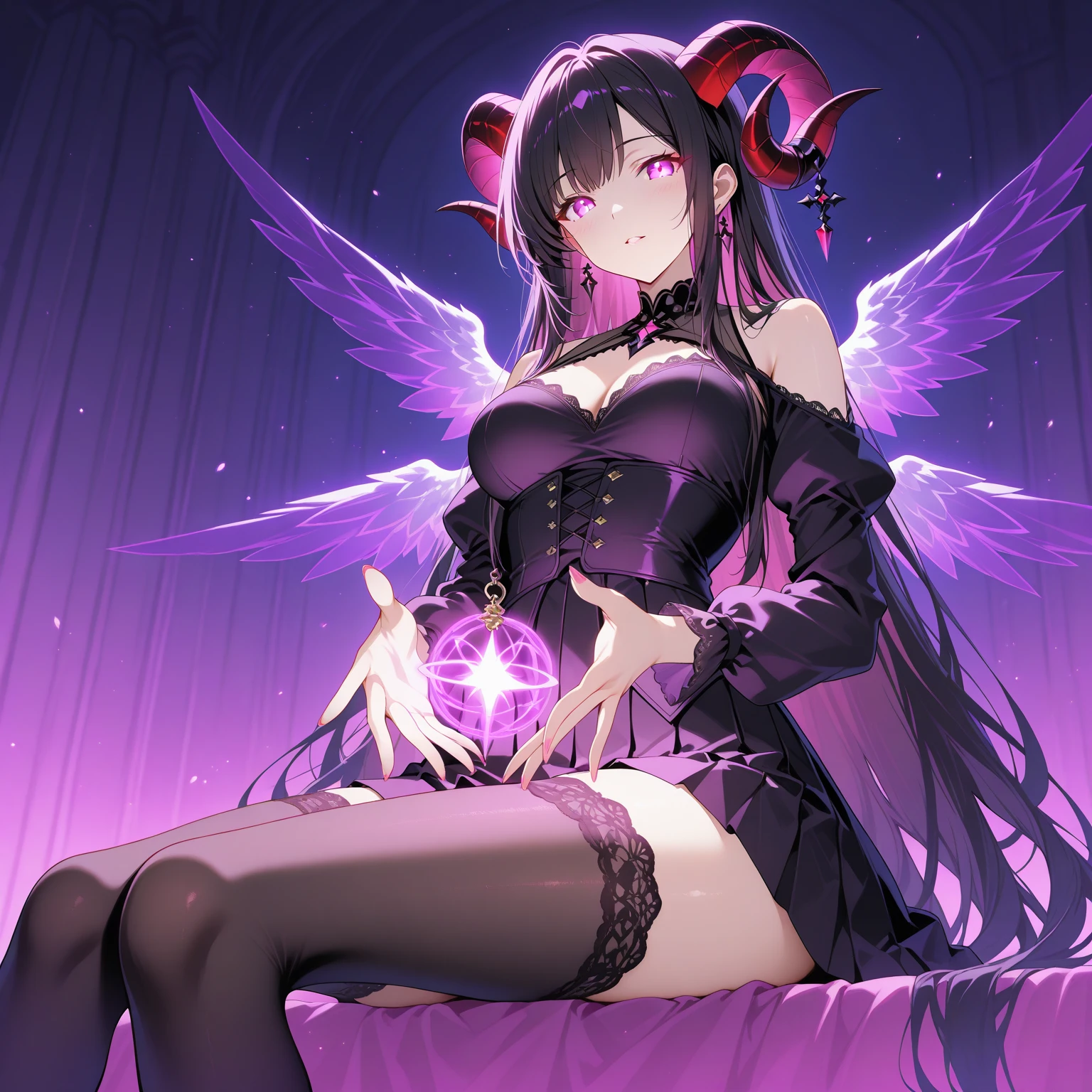 Highest quality, masterpiece, Ultra-high resolution, female、Big Breasts、female王、tiara、kneel、Pale skin、Purple Hair、Fluorescent red eyes、Red nails、despair、To be turned into a demon、Blue markings appear on the skin of the entire body.