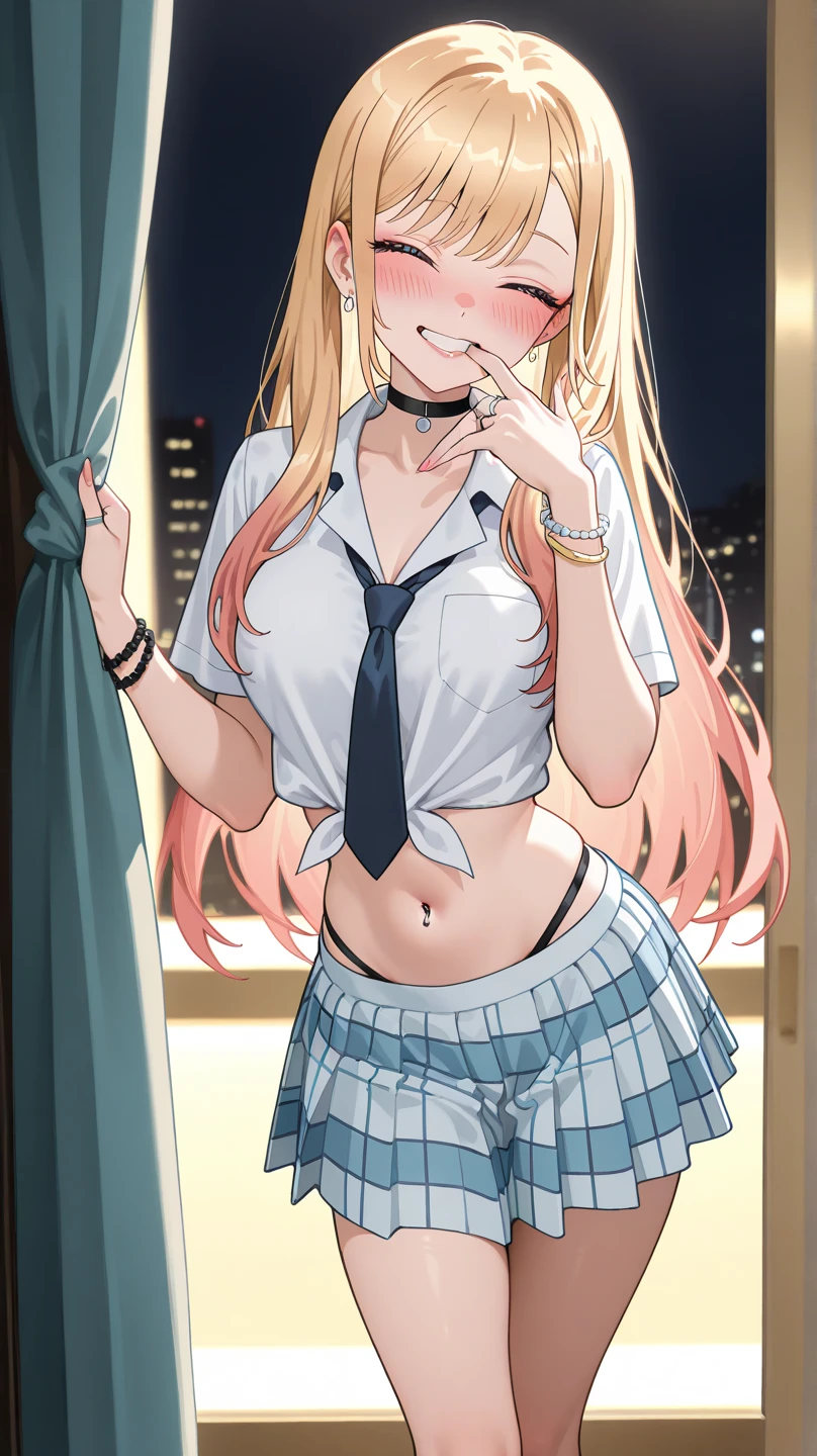 masterpiece, best quality, highres, kitagawa marin, 1girl, blonde hair, long hair, multicolored hair, red eyes, jewelry, earrings, piercing, school uniform, white shirt, tied shirt, black choker, blue necktie, plaid skirt, grin, smile, standing, cowboy shot, outdoors, 32K, 8K, (In the chest:1.2), Arms above the head, ((Opening legs)), masterpiece, Gorgeous lace string underwear in dark blue、((T-back panties that dig into the crotch))、Japan idle, Wide waist, ((open one's legs)), (Sloppily open your mouth), (Open both eyes wide), sweaty and shiny skin, Brown hair, poneyTail、Look at viewers , full body Esbian、perfect bodies、Luxury hotel lounges、