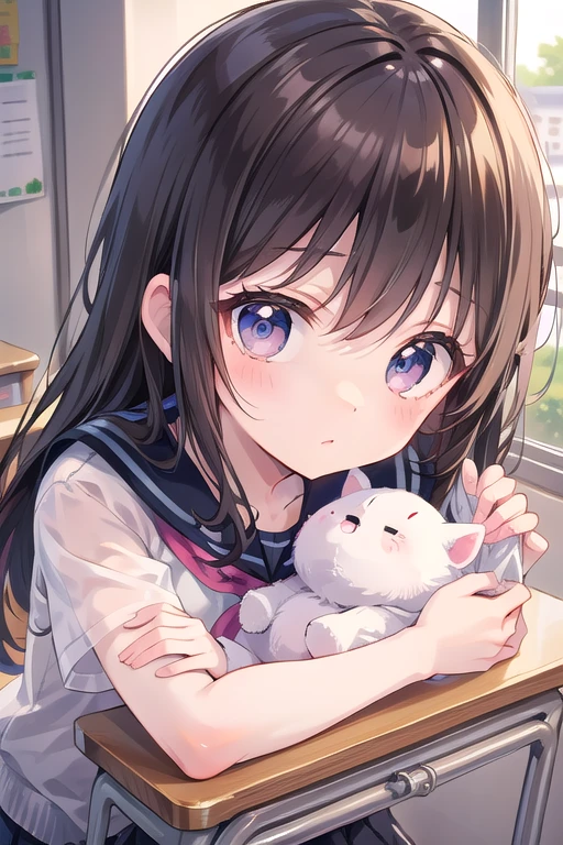 Pov,(own hugging legs:1.3)、(high ponytail:1.3)、(school uniform, short sleeve:1.3)、a miniskirt、(white panty:1.3)、(hair adornments:1.2)、(Wrap a scrunchie around your left wrist:1.2)、(Black High Socks:1.3)、、clear eyes、8k、10yo student、Top image quality、Masterpiece、perfect anatomia、Kogal、Plump thighs、schools、Absolute Area、huge tit、happy smile