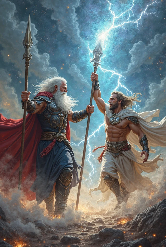 Zeus throwing a lightning bolt at Odin.