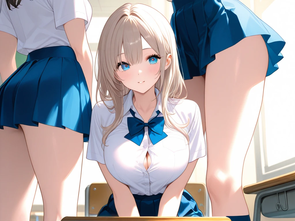 high school girl、Dressed in high 、School classroom、(Big Breasts)、((solo))、smirk,Cheek resting on hand、Crossing legs