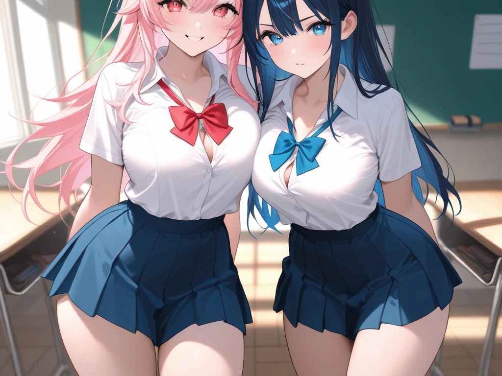multiple people, 2 girls, art club, easel, paintbrush, big breasts, skirt, shirt,
