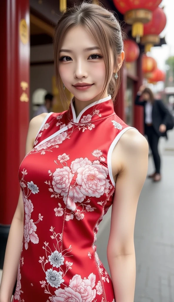 (8k, RAW photo, best quality, masterpiece:1.2), (realistic, photo-realistic:1.4), (extremely detailed 8k wallpaper), Japanese 20 age woman,she is wearing a cheongsam,The background is Chinatown,Her beautiful legs attract attention from all around her.She is embarrassed by the gaze of those around her,she is smiling