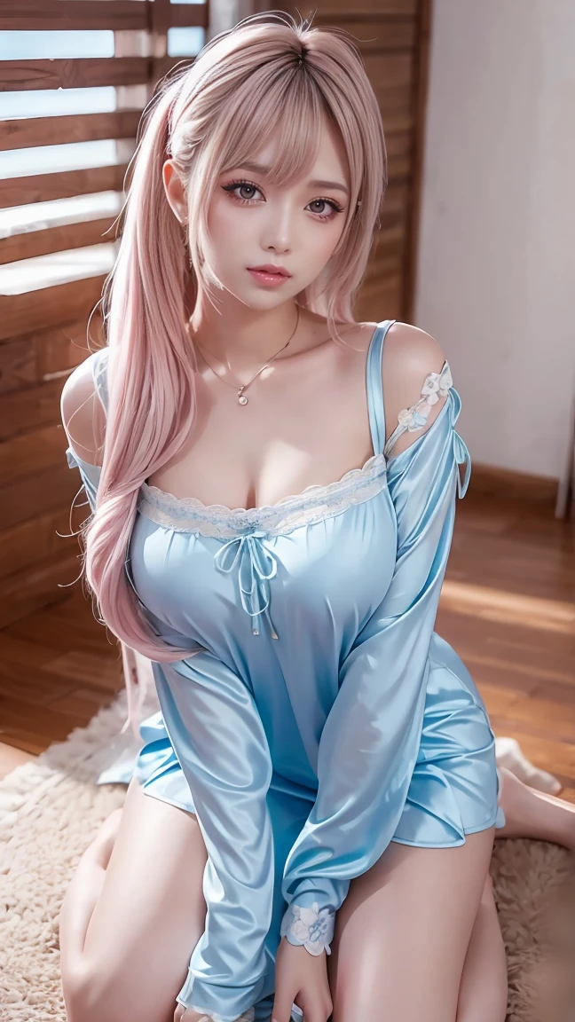1 Korea high borne girl, (on a royal luxury bed:1.2), ((grab breasts, squeezed breasts, spread legs, look away from camera, eyes half closed, lewd pose)), lighting(realistic path tracing, high light), (Masterpiece, Best Quality, photo realistic, 8K resolution), face((blushed face):1.4), hair(pink hair), body(slender body, perky nipples, slim abs), ((firm rounded breasts, shiny skin):1.2), clothes((designer-made luxury light blue see-through clothes, lace underwear with deep cleavage, luxury necklace):1.2), high detail, shiny skin,