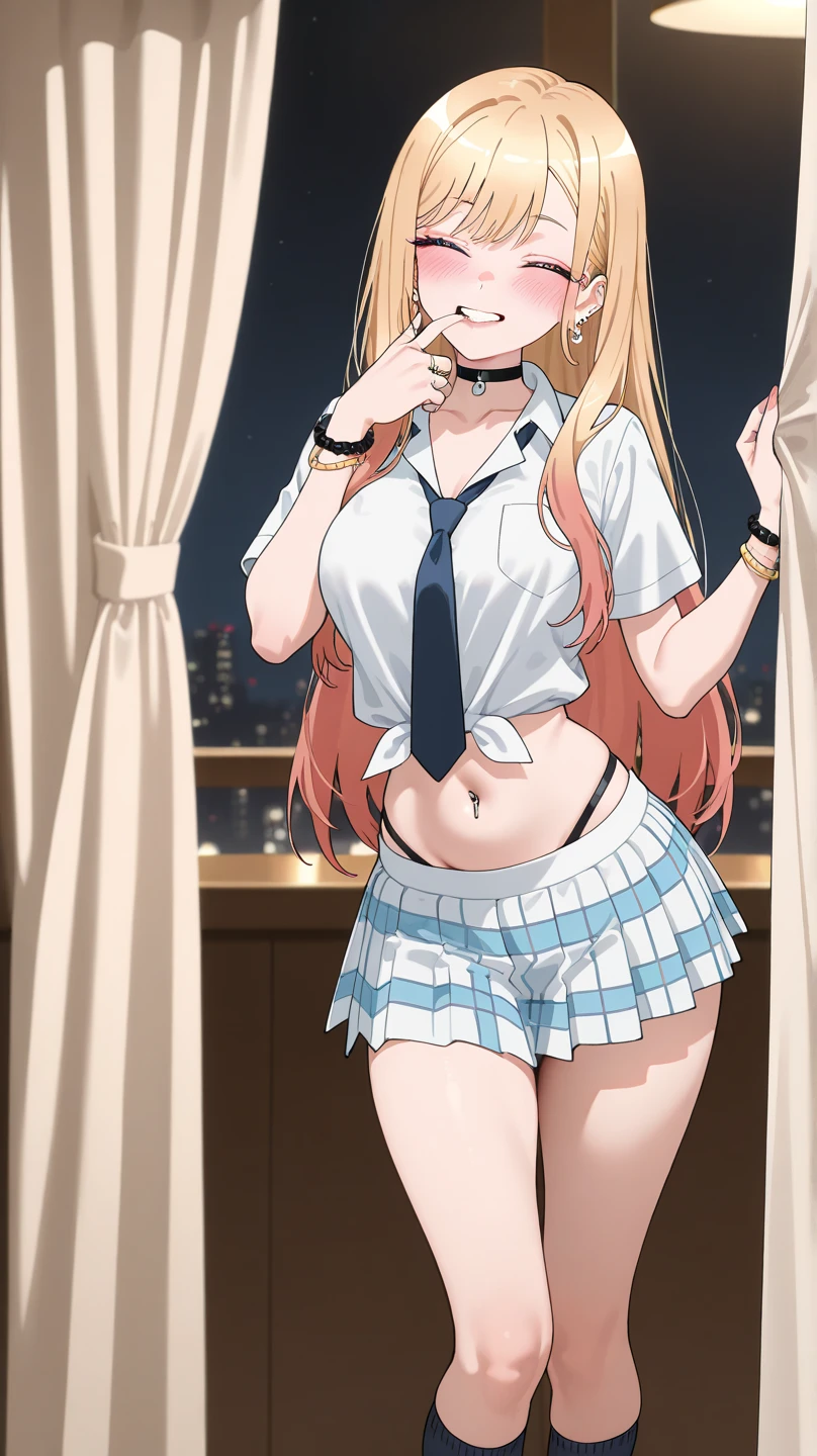 G-Cup　　masterpiece　highest quality　High resolution　　 Big Breasts　underwear　　sexy　Adult female　Blonde　school uniform　high school student　Glaring eyes　Mouth slightly open　smile　Long Straight　Show me your pants