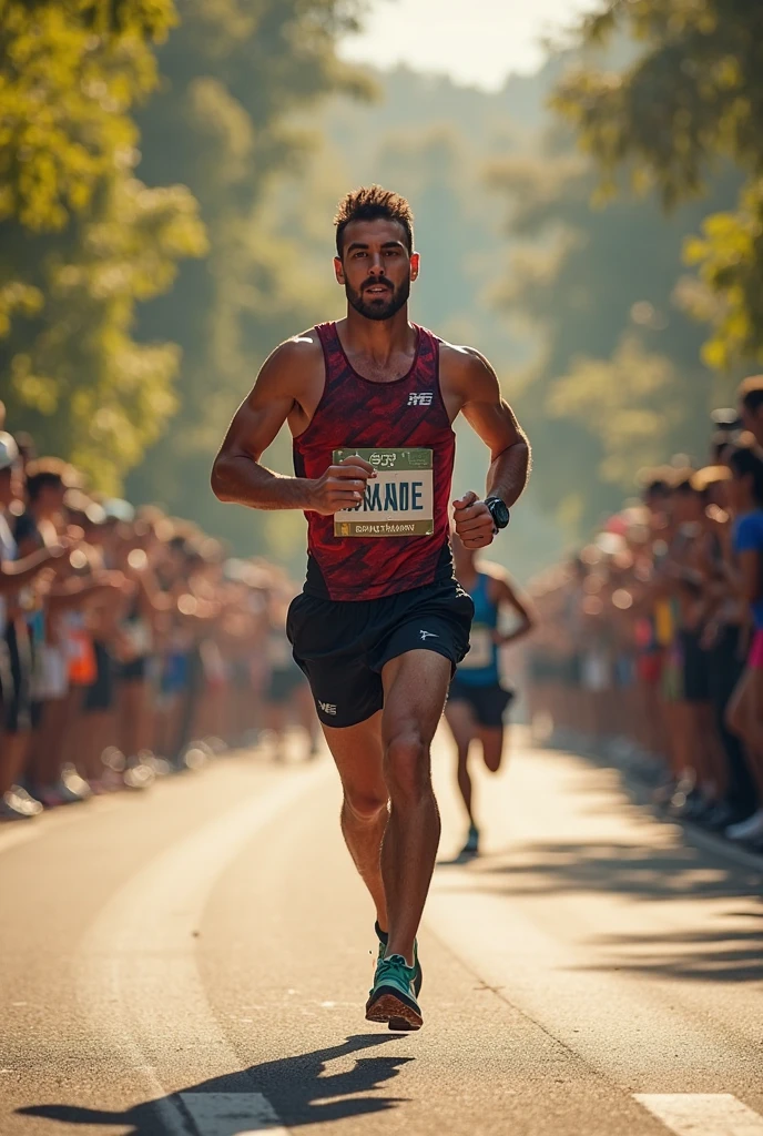 Generate an image of a man in his 30s achieving a personal goal, How to cross the finish line of a marathon with open arms, This man has fair skin, a beard, and wears a pair of glasses with rounded frames.
