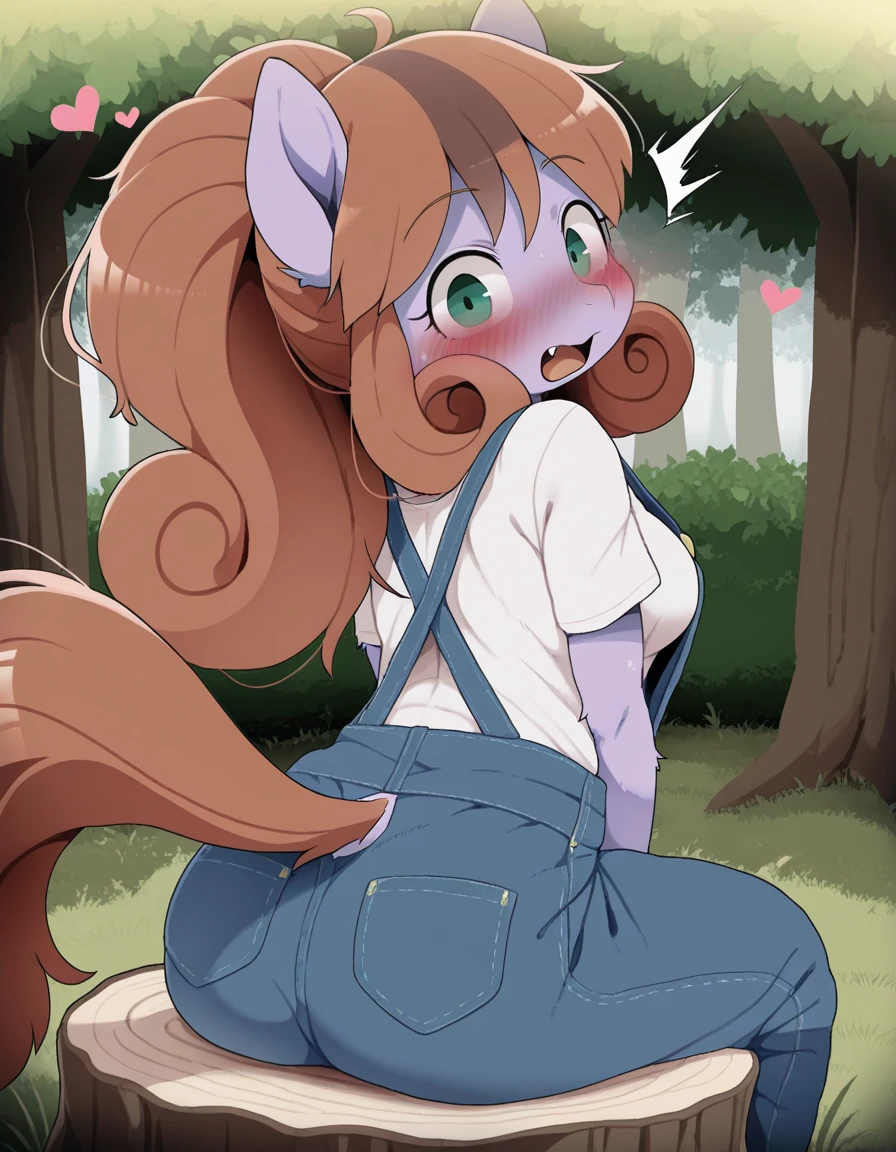 Brown female unicorn pony, orange and black braided hair, green eyes, large crotchboobs, laying on stomach, masturbation 