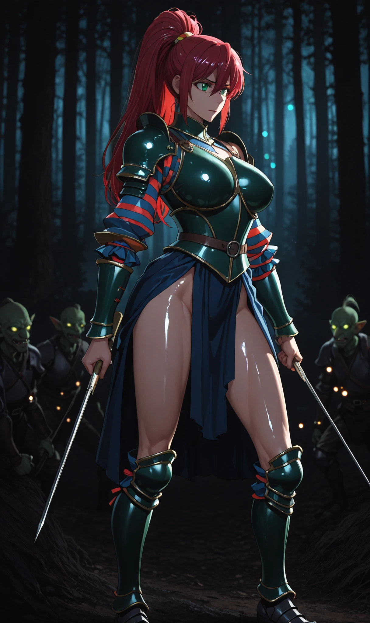zombie girl teal skin, huge breasts, torn swat clothing, combat shorts, black gloves, blood stains all over her body, blue hair, glowing green eyes, posing as a villain, battle pose (((stance))) , cemetery background , full body focus, hdr.