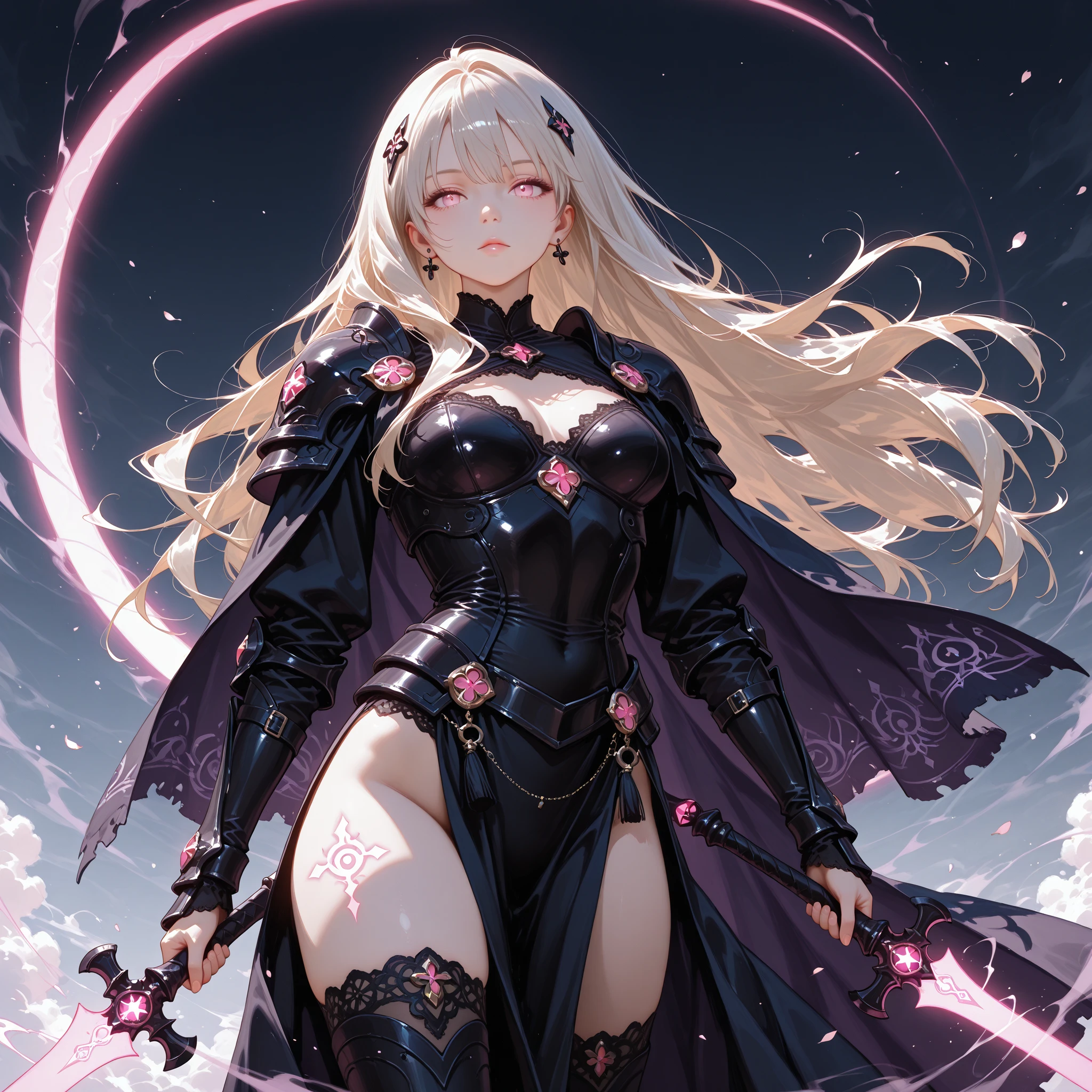 quality,8k,Highly detailed CG unit, masterpiece,High resolution,top-quality, real texture skin,Surreal,Increase the resolution,RAW Photos,最高quality,Very detailed,From below,Cool Beauty,Glamour Women, Cool pose,Goth,A skirt full of frills,Red accent embroidery,long hair shining white, Mysteriously glowing crimson eyes, Queen, world, Crystal Flower,Sparkling stained glass like a kaleidoscope,Majestic cathedral,Layered skirt with details, Detailed embroidery, Very layered ruffles, Detailed Texture,A geometric magic circle above your head,Ornamented Silver Scythe,The hidden forbidden sanctuary,