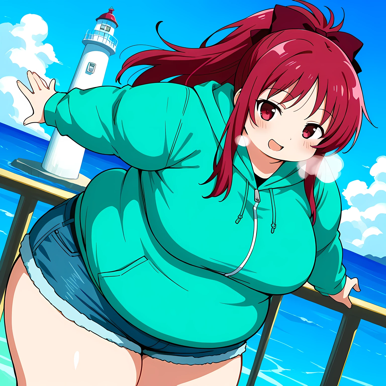 score_9, score_8_up, score_7_up, source_anime, kyouko sakura, long hair, red eyes, ponytail, hair bow, red hair,, shorts, hood, hoodie, denim, blue shorts, denim shorts,, lighthouse, light, sea, tall, guidance, smile, hands outstretched forward , blush, open mouth, leaning forward,, looking at viewer, solo,, dutch angle, cowboy shot fat, chubby, obese, gigantic arms and legs, large breasts open mouth, out of breath, wink, hands