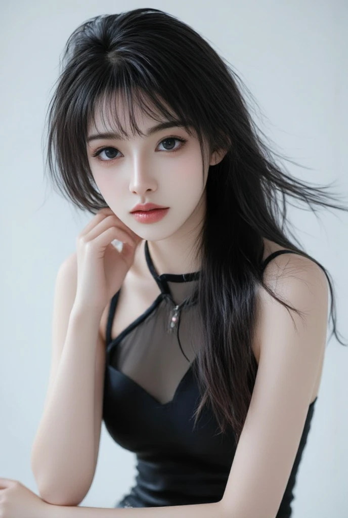 a girl,Cute and beautiful face,Long straight black hair,Long bangs cover the eyes,Long eyelashes,(beautiful eyes),Small Eyes,(Dark lipstick),(Dark eyeshadow),slim,Slender limbs,Black spaghetti strap dress,Inside the old train station,clean focus,Shallow depth of field,Super detailed faces,Very beautiful face,Extremely high texture skin,Looking,Beautiful legs,Tempting,female pose,(actual ,actual-photo,original photo,8K original),Art Photography,Ultra high quality,elegant work of art,retina,
