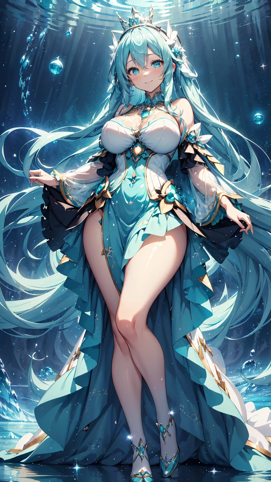 A beautiful girl immersed in water, her long hair flowing through the water. She is adorned in stunning and dynamically colored guardian attire, as depicted in a Pixiv illustration. Her yellow eyes stand out against the water. The background showcases a clear oceanic seascape with crystal-clear waters in incredible and cinematic tones. The overall composition forms a beautiful and illustrative painting, displayed on an extremely detailed 8K CG wallpaper.
