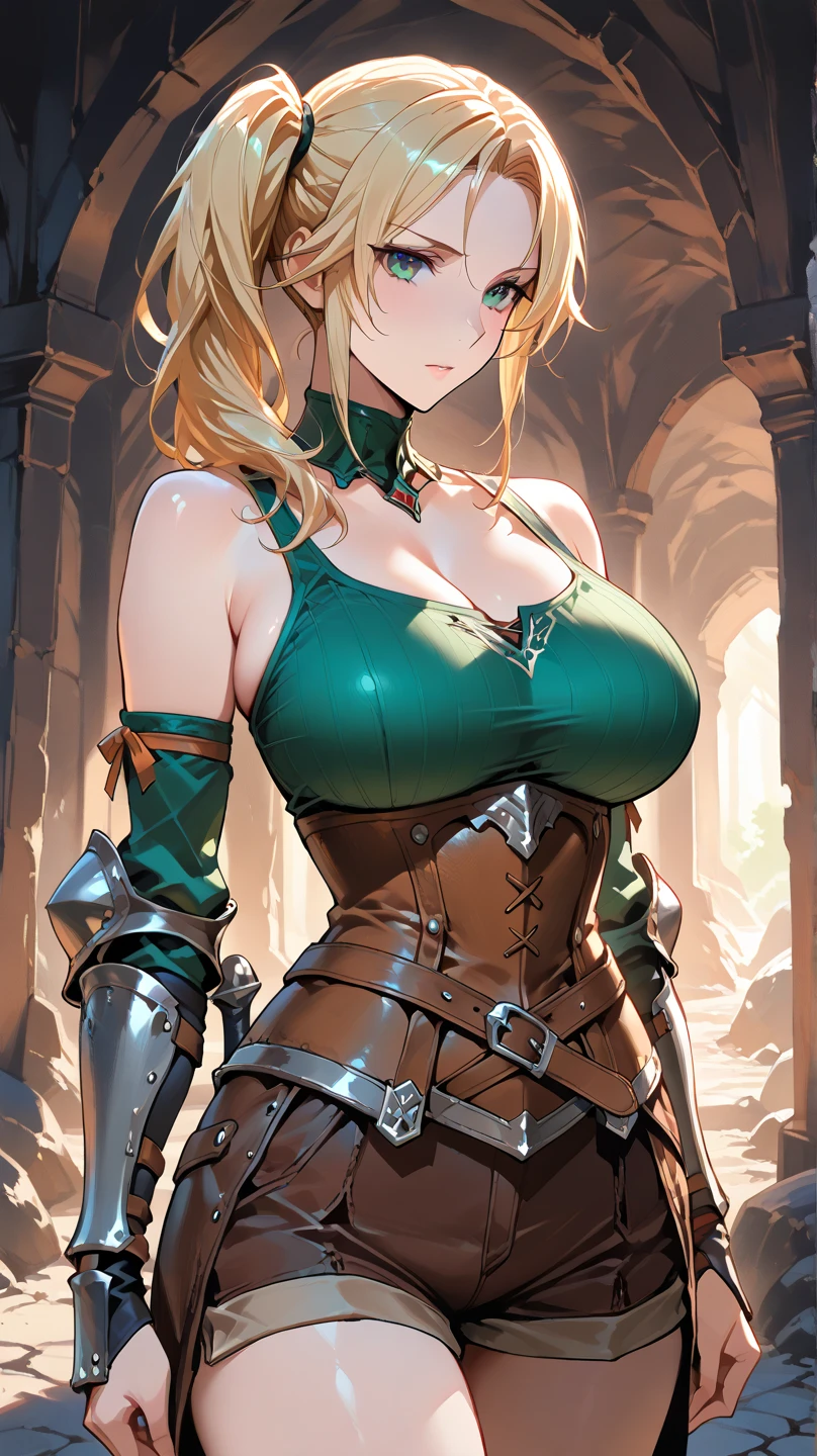 (Holding a sword、Raise your arms)、Brown wavy long hair、(Sleepy look、Embarrassing、Bitch、Slut、Prostitute)、(Emerald green metallic string bikini、White armor、Female Knight、(Huge breasts:1.5)、Underboob、Sideboob)、(Absolute area、Camel toe、belly button、Browsing Caution、Thick thighs、Wide Hips)、(NSFW:1.3)、(Forest Ruins:1.5)