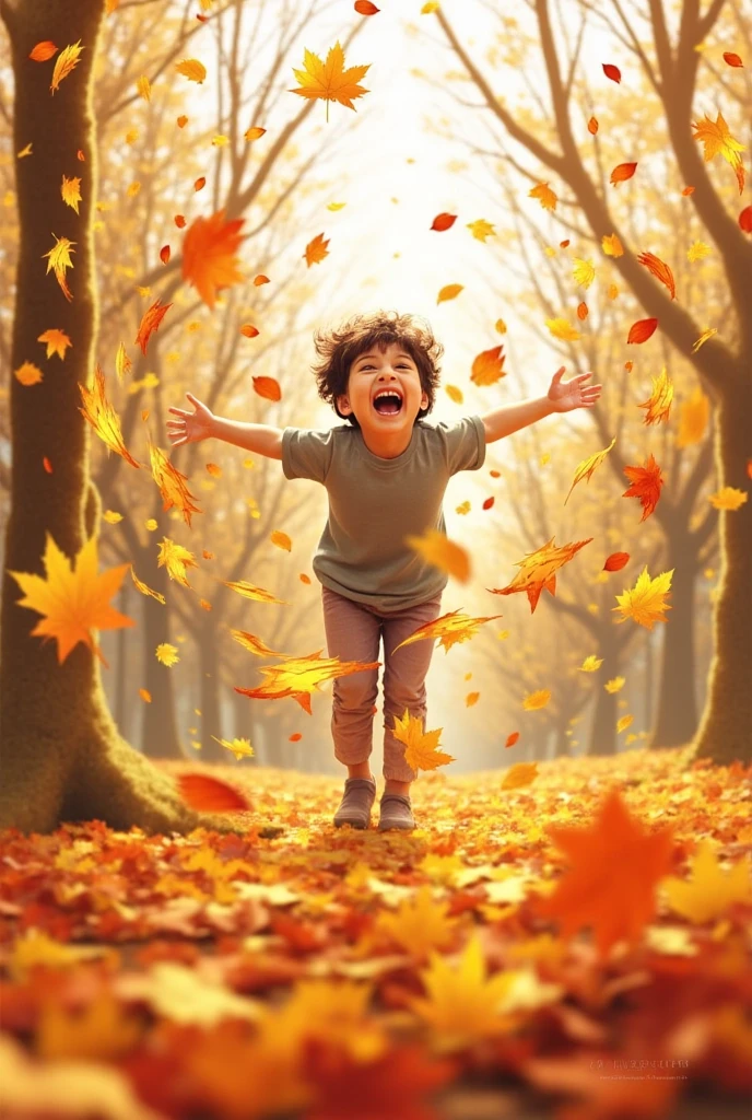 (best quality, 4k, 8k, high resolution, masterpiece: 1.2), ultra detailed, (realistic, photorealistic, photorealistic: 1.37),a child playing with maple leaves, throwing them in the air